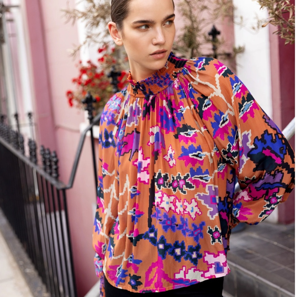 Oliphant Multicolor Printed Smocked Neck Blouse - Tan, Pink, Blue, Black